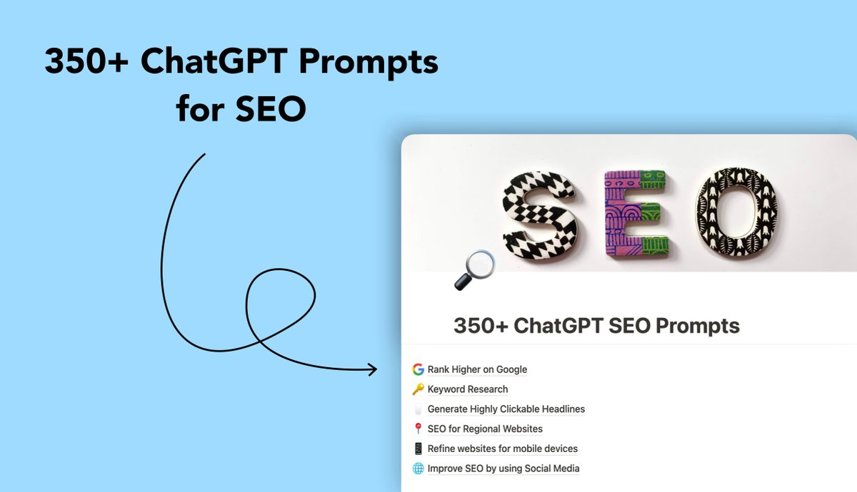 Anurag_Creates's tweet image. ChatGPT is AWESOME for SEO

But most people are LOST

Hence I have prepared 350+ ChatGPT SEO Prompts

Usually for $5, I’ll give it for FREE (for 24hrs)

Just
1. Follow me
2. RT
3. Like &amp;amp; comment 😎

I’ll drop the link below at 1000 engagements. Bookmark to get your resource later