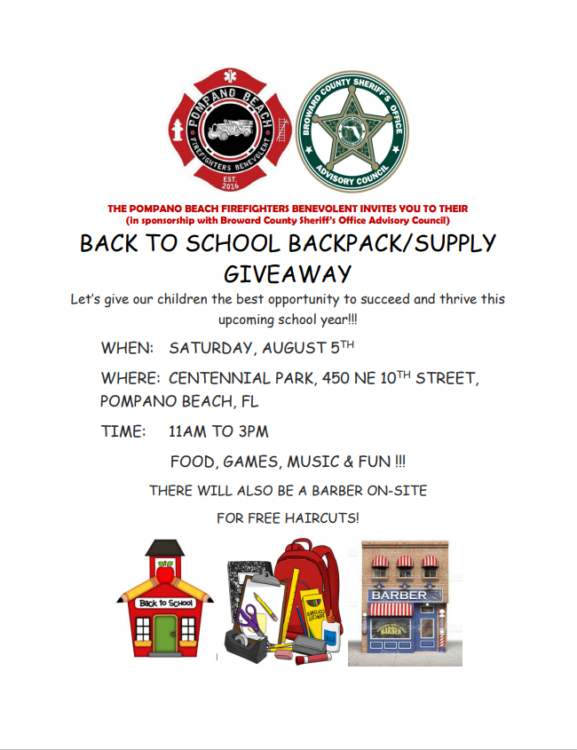 BCPS Grants Department (@bcps_grants) on Twitter photo Live in Pompano Beach? Then the Pompano Beach Firefighters Benevolent invites you to their Back to School Backpack/Supply Giveaway! <a href="/browardschools/">Broward Schools</a> <a href="/FACE_BCPS/">Family and Community Engagement-BCPS</a> <a href="/BrowardTitleI/">BrowardTitleIOffice</a> <a href="/mypompanobeach/">City of Pompano Beach</a> Live in Pompano Beach? Then the Pompano Beach Firefighters Benevolent invites you to their Back to School Backpack/Supply Giveaway! <a href="/browardschools/">Broward Schools</a> <a href="/FACE_BCPS/">Family and Community Engagement-BCPS</a> <a href="/BrowardTitleI/">BrowardTitleIOffice</a> <a href="/mypompanobeach/">City of Pompano Beach</a>