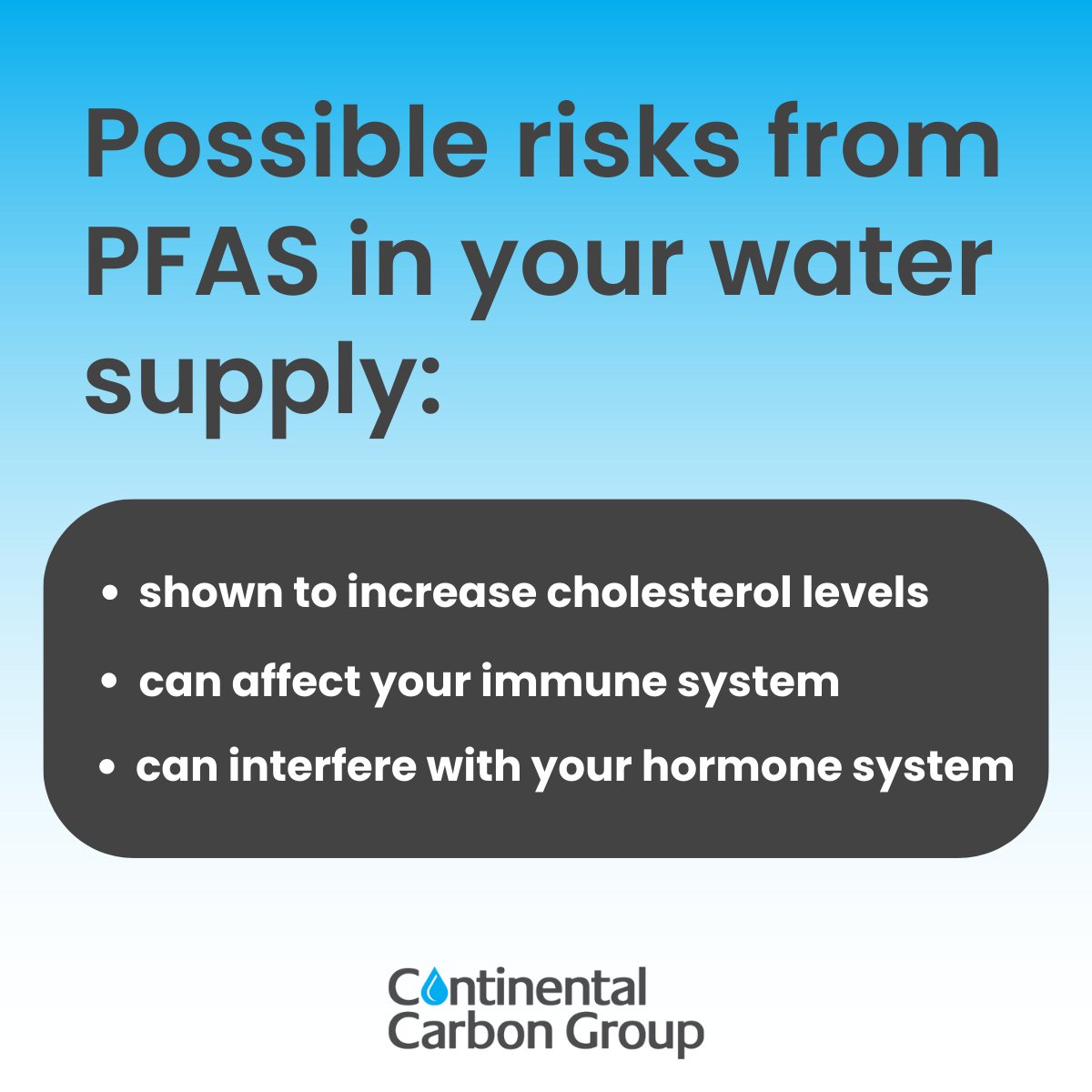 ContCarbonGroup's tweet photo. What are the risks for having #PFAS in your #water supply? It can increase cholesterol levels in humans, affect the immune system, interfere with the body’s hormone system, and more. 

Learn about how to manage PFAS #contaminants with FILTRASORB solutions:
https://t.co/8l4EdtUKFv https://t.co/jH4f4AaLWb