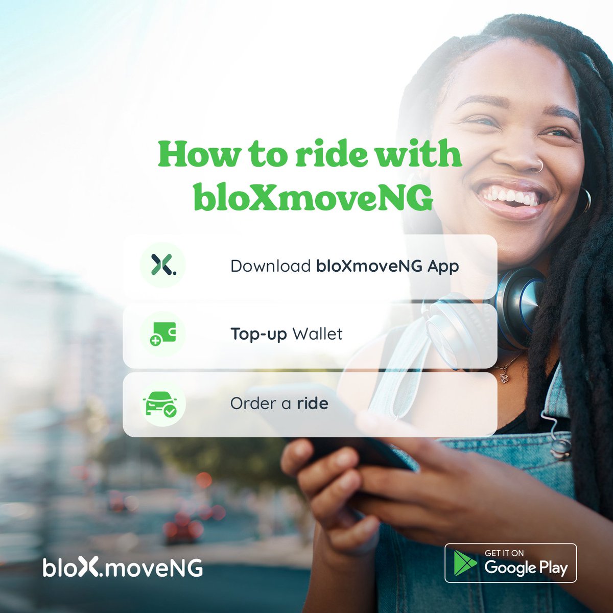 bloxmoveng's tweet photo. Are you a first timer? These 3 steps are the easy peasy ways to on board and start using the bloXmove app as a passenger!
Available for downloads on both iOS and Android devices
#bloxmove
#bloxmovengt
#appdownloads
#iosdownloads
#androiddownloads
#ridehailing
#orderrides https://t.co/P37gkK61y1