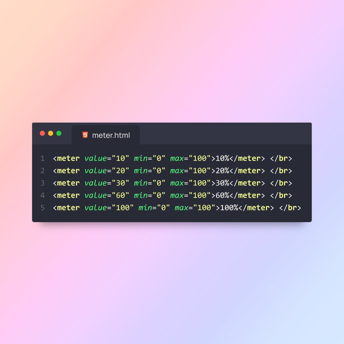 BosunIsrael's tweet image. 5/7 📏

&amp;lt;meter&amp;gt;  Represents a measurement within a predefined range. It is often used to visualize levels, such as progress bars or audio volume controls.

#HTMLTips