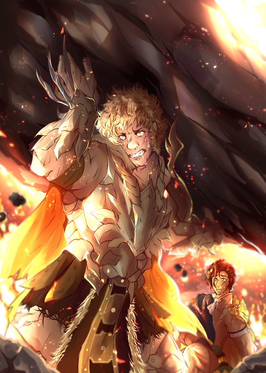 This is my piece for <a href="/raphaelfe3hzine/">Heart of Gold: A Raphael Kirsten Zine</a> and I’m super happy with how it came out. Everything for best boy protecting other best boy in battle 💛💛