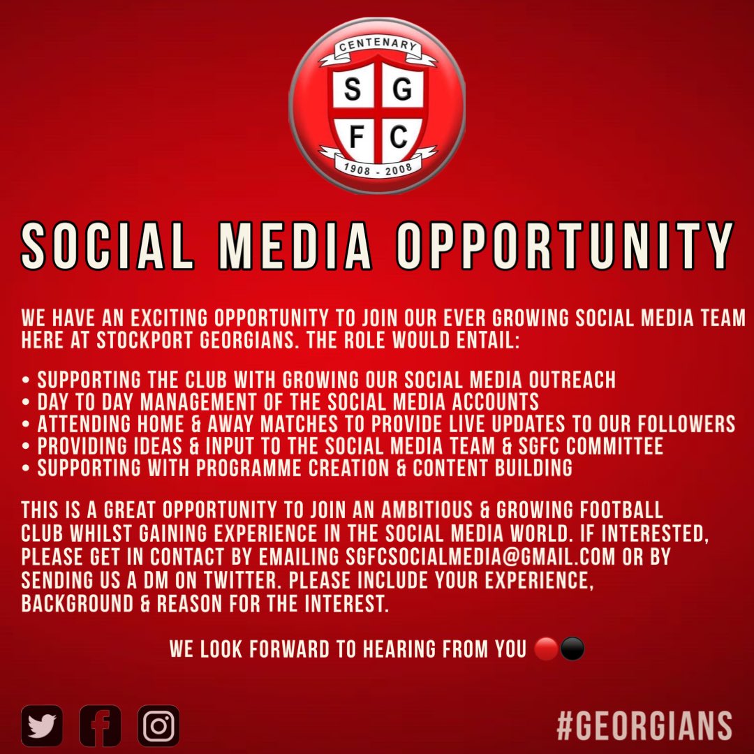 OfficialSGFC's tweet image. 📱💻 | 𝗦𝗢𝗖𝗜𝗔𝗟 𝗠𝗘𝗗𝗜𝗔 𝗢𝗣𝗣𝗢𝗥𝗧𝗨𝗡𝗜𝗧𝗬

We’re excited to bring you an opportunity supporting the club with day to day running of its social media platforms. See the attached poster for more details &amp;amp; don’t hesitate to get in touch ⤵️

#Georgians