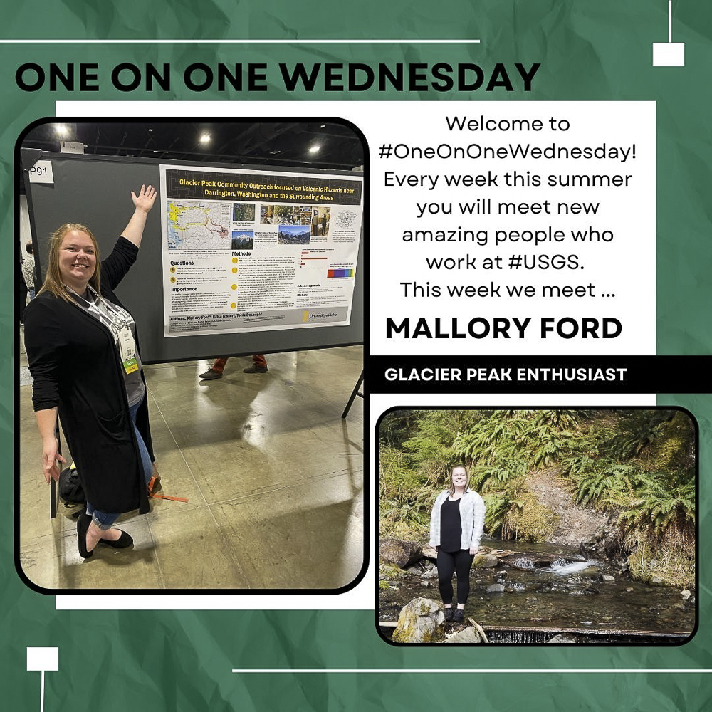 #OneOnOneWednesday 
Meet Mallory Ford, a master's student at <a href="/uidaho/">University of Idaho</a> &amp; summer intern at #CVO. She focuses on community outreach to improve the public's understanding of volcano hazards. When not exploring volcanoes, you can find her floating down a river. #Myhappyplace #USGS
