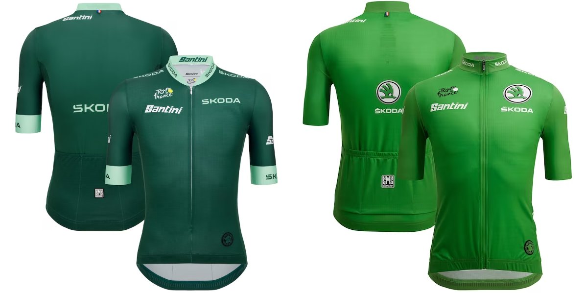 petervanderdoes's tweet photo. I'm not a big fan of this year's green jersey, the one on the left. I much prefer the color from last year, on the right. Watching the race on TV, it's very hard to see the green jersey during the aerial shots at the finish line.

#letour #tourdefrance https://t.co/AH40bgJ63k
