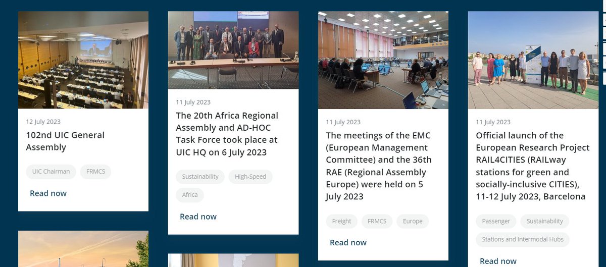 Please find the latest eNews articles on the 102nd UIC General Assembly, the 20th Africa Regional Assembly and AD-HOC Task Force, the meetings of the EMC (European Management Committee) and the 36th RAE (Regional Assembly Europe).

uic.org/com/enews/