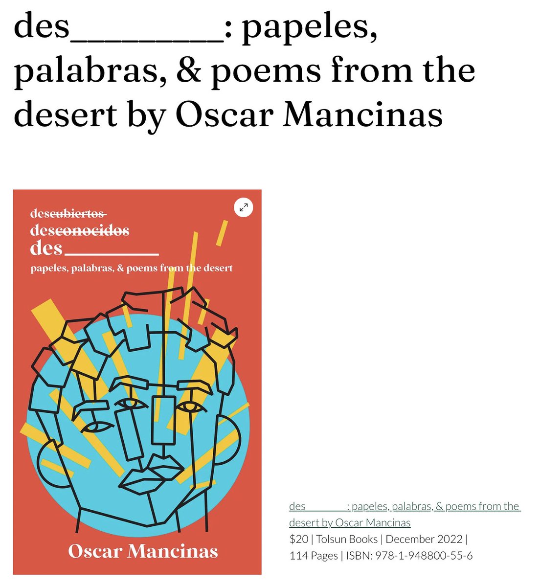 des _________: papeles, palabras, & poems from the desert by Oscar Mancinas draws from academic texts, state documents, and local reporting to bend and fold phraseologies and registers like linguistic origami. 

Read more at @LetrasLatinas:

letraslatinasblog2.com/post/des______…