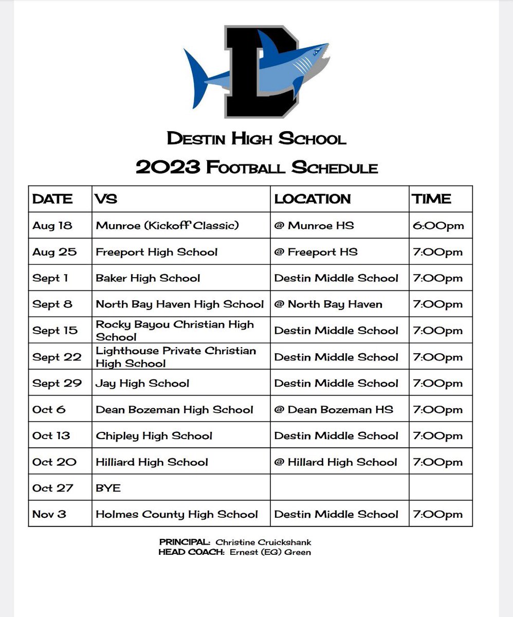 💥💥💥 Hot off the press!!!  Here is your 2023 Destin High School football schedule!!!!!! 💥💥💥
#LetsGoSharks #UsVersusEverybody #WarReady
#SharkFootball