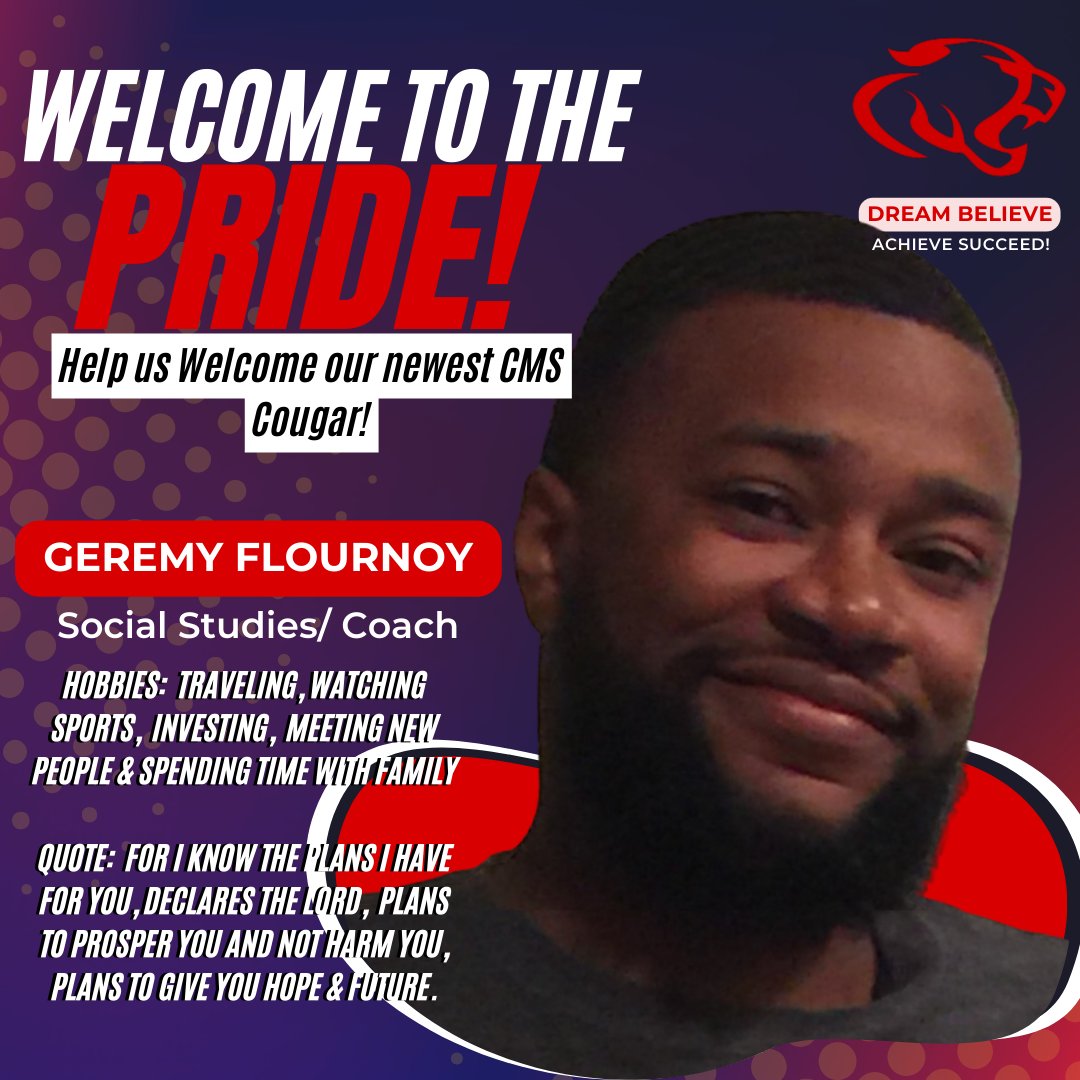 CrosbyMSCougars's tweet image. The CMS Cougars have done it again! Help us give a huge welcome to Mr. Flournoy, our newest Cougar and a part of the Social Studies Team! #WeDare #CMSCougars #DreamBelieveAchieveSucceed