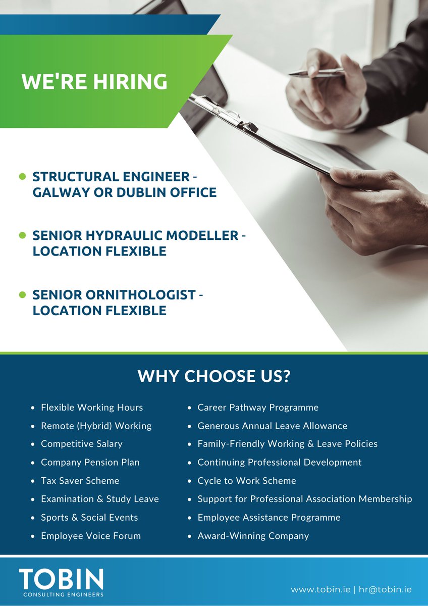 TOBINengineers's tweet photo. @tobinengineers has some exciting opportunities available! We are currently seeking a structural engineer, a senior hydraulic modeller and a senior ornithologist to join #teamTOBIN.

For a list of other roles available visit our careers page: https://t.co/cF3Uj0CjFv

#careers https://t.co/G8BMm3mp7g