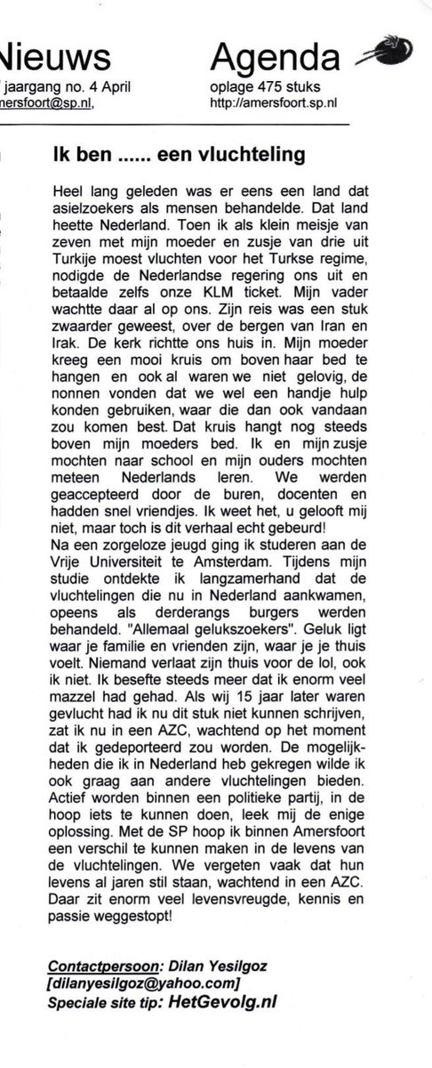 Oude column van de beoogde opvolger van Mark Rutte als VVD-lijsttrekker. 
Dilan Yesilgöz schreef dit enkele jaren geleden: “Als wij 15 jaar later waren gevlucht had ik dit stuk niet kunnen schrijven, zat ik nu in een AZC, wachtend op het moment dat ik gedeporteerd zou worden.”
