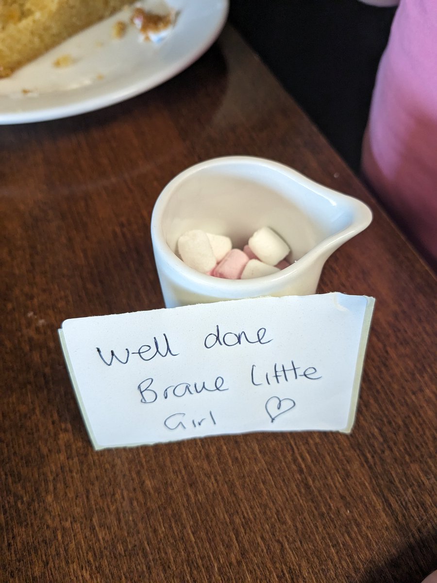 FiLoPastry89's tweet photo. Hetty had her preschool injections today and was absolutely distraught and sobbed for a good hour afterwards. We went to a cafe for cake and the lady made her a sticker and gave her some marshmallows to help make her feel better ❤️
#ittakesavillage #mumssupportingmums https://t.co/k9ze9P7XfB