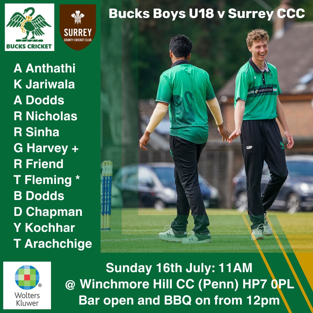 BucksCricket's tweet photo. This Sunday 16th July 11am
Bucks Cricket Boys U18 v @surreycricket

ECB Plate KO Cup 50 overs

@ Winchmore Hill CC (Penn) HP7 0PL
Bar open &amp; BBQ on from 12pm

If you are likely to attend, please let us know so the Club can plan accordingly: https://t.co/hu7OXMrCi5

@WHCCPenn1918 https://t.co/8CuhdoJHpL
