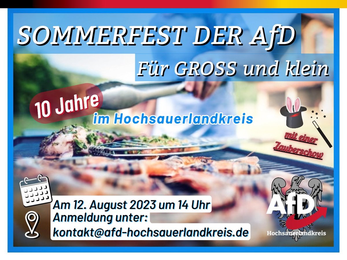 AfD_HSK's tweet photo. Unser erstes Familien-Sommerfest👨‍👩‍👧‍👦steht in den Startlöchern.
Neben süßem Gebäck gibt es Bratwurst im Brötchen, kalte Getränke und alles für kleines Geld. 
Spiele für die Kinder sind vorbereitet und ein 🧙 ist ebenfalls zu Besuch.  

#afd #hochsauerland #hsk #sommerfest #neuwahlen https://t.co/2PfdS22myb