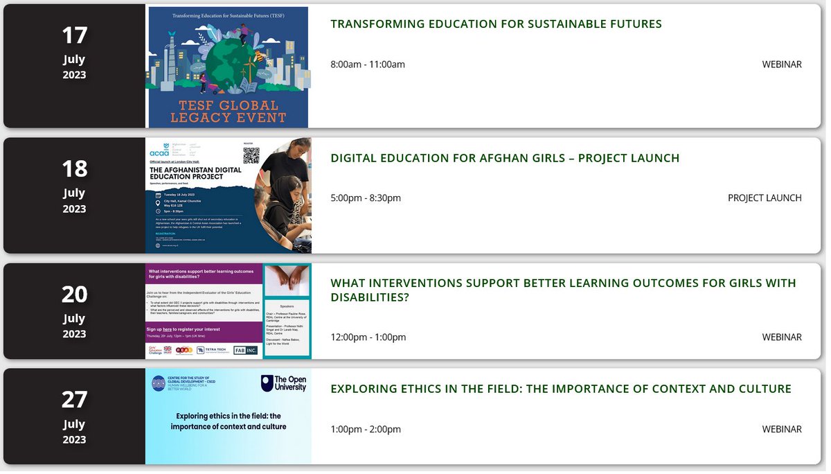 Check out our Events page for events coming up this month: 17 @TransformingESF Global Legacy Event reimagining education 18 @A_CAA Digital education for Afghan refugee girls 20 @FCDOGEC Girls with disabilities 27 @OU_CSGD Ethics in the field ukfiet.org/news-and-event…