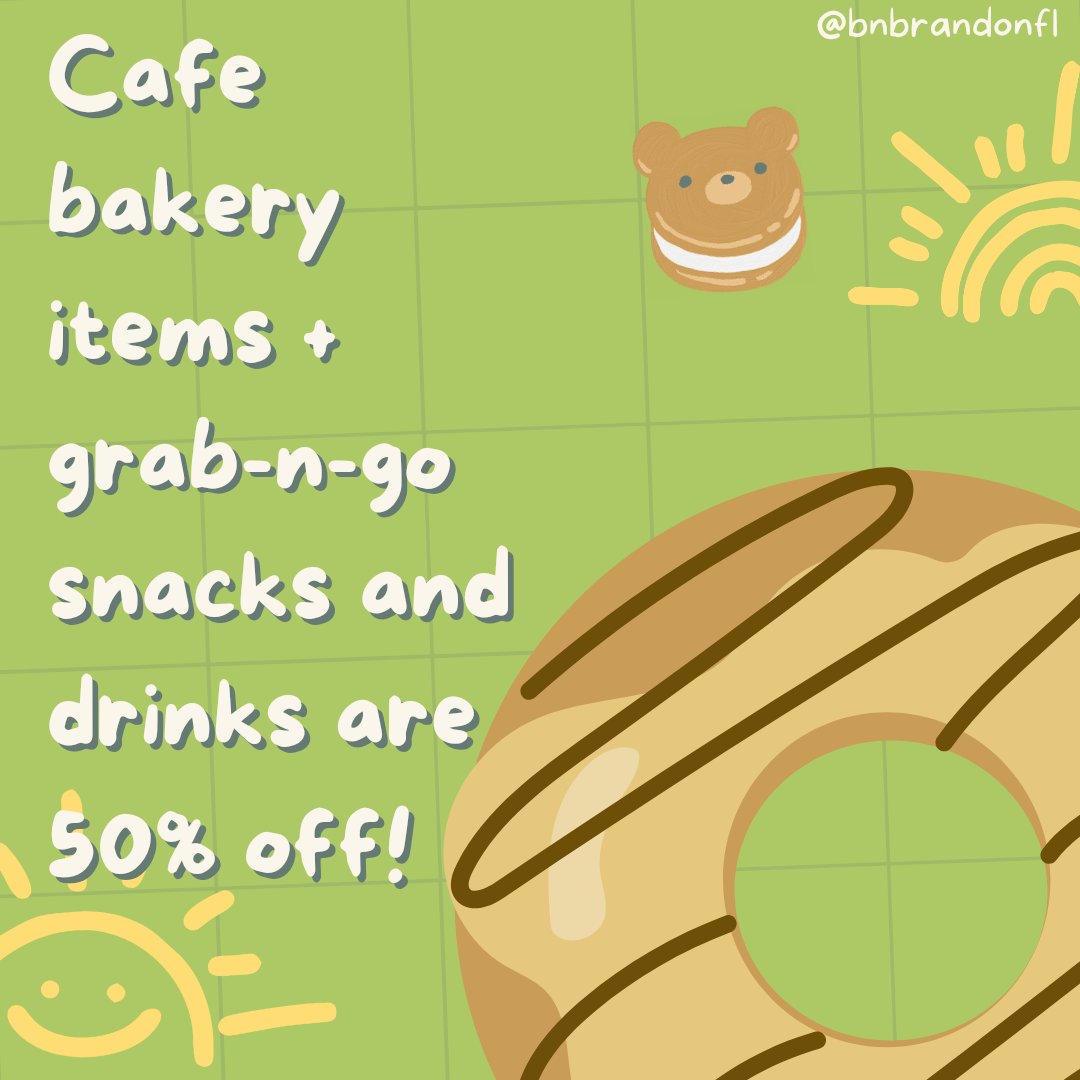 Our cafe is part of the store sale, too! Right now, all bakery items, bottled drinks, and grab-n-go items are 50% off! 

#brandonfl #tampabay #tampabayarea #bncafe #bookstore #booksbooksbooks #booksale #booklover