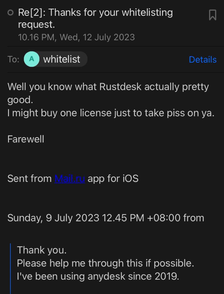 coldblackcoffee's tweet photo. dear @anydesk, your whitelist can suck a bag of deegs https://t.co/16VpMSz5D2