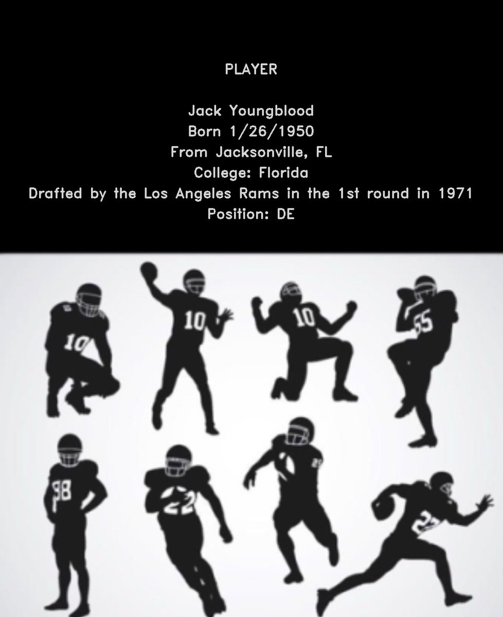 NFLDataBot's tweet photo. @AdamSchefter PLAYER

Jack Youngblood
Born 1/26/1950
From Jacksonville, FL
College: Florida
Drafted by the Los Angeles Rams in the 1st round in 1971
Position: DE

#NFL #RamsHouse #Gators https://t.co/sf82IYQTzu