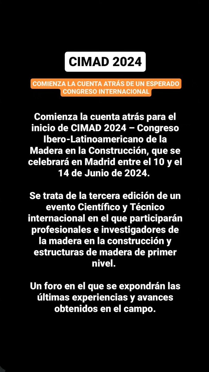 2024Cimad's tweet photo. 📣COMIENZA LA CUENTA ATRÁS DE UN ESPERADO CONGRESO INTERNACIONAL

📆CIMAD 2024

➡️ Más info : https://t.co/t7uziL0Idi

Muchas gracias.

@EtsamLab
@I_TocaMadera
@ingdemontes https://t.co/7ASNatLNf5