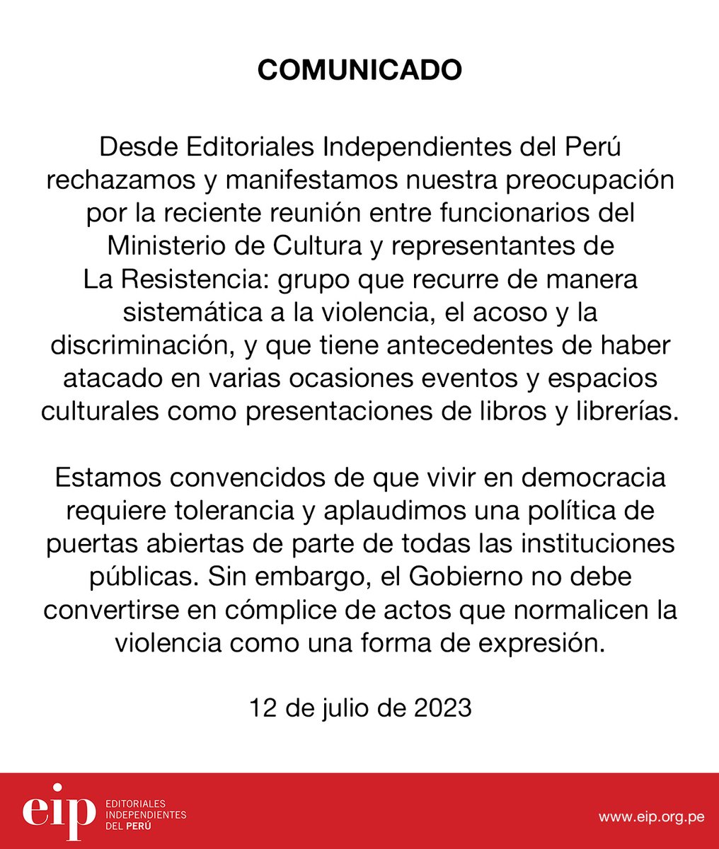 Comunicado de Editoriales Independientes del Perú (EIP) ante la reciente reunión entre funcionarios del Ministerio de Cultura y representantes de La Resistencia.