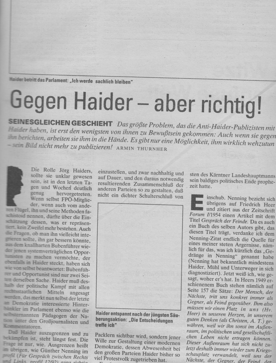 arminthurnher's tweet photo. Weiter, immer weiter in der Kommunikationsfrage! Heute der Beginn einer historischen Aufarbeitung mit einem Spezialservice: das #Bilderverbot für Jörg Haider im Originaltext. Erst 31 Jahre ist es her.
Seuchenkolumne 1047
https://t.co/JNf6mfkMYL https://t.co/LNWERoTBPJ