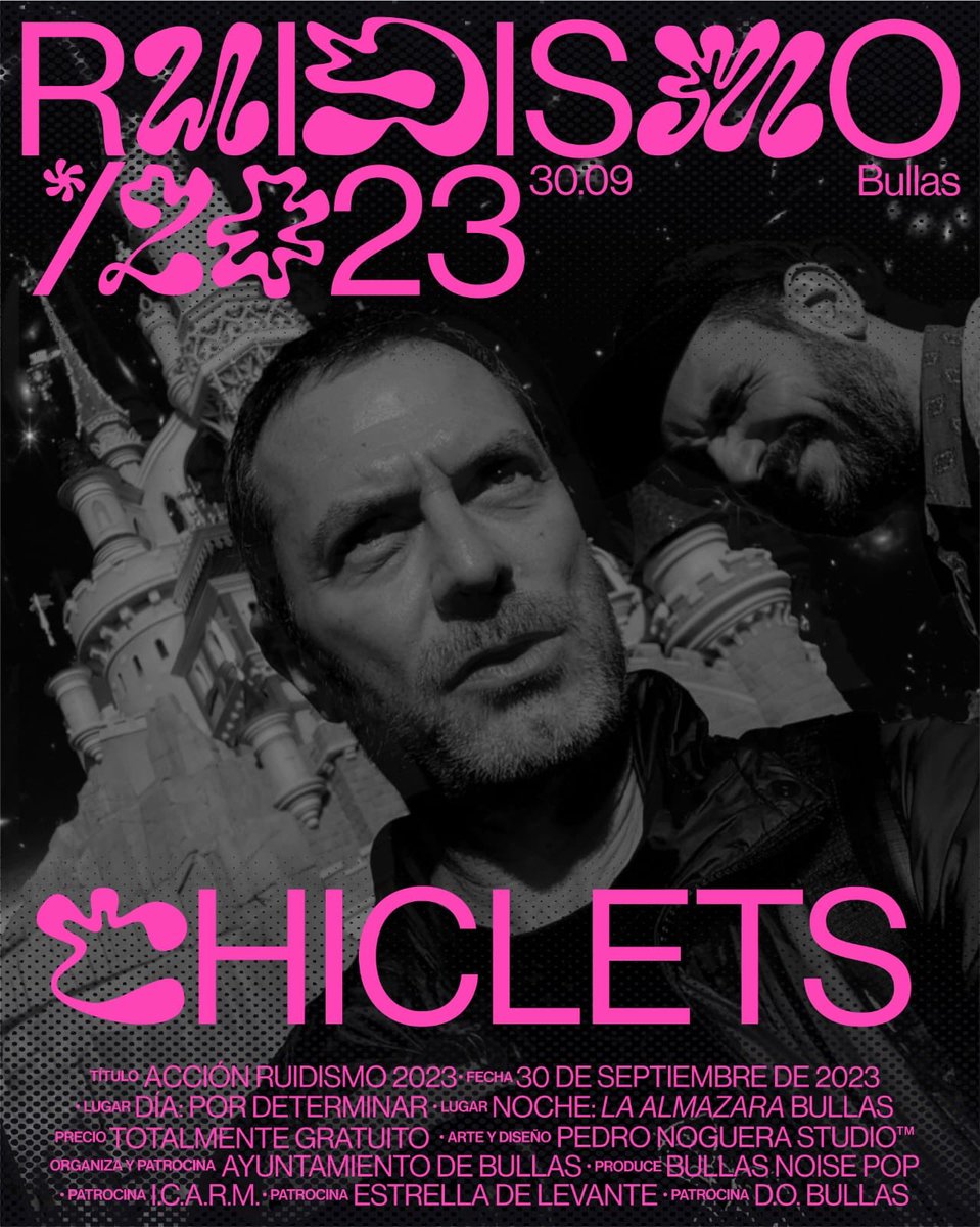 #ChicklettsDJs - #Ruidismo2023
Bullas, sábado 30 de septiembre.

Organiza y patrocina: <a href="/aytoBullas/">Ayuntamiento Bullas</a> 
Pruduce: #bullasnoisepop
Otros patrocinadores: #ica, <a href="/estrellalevante/">Estrella de Levante</a> y <a href="/DOP_Bullas/">BULLAS D.O.P</a> #dobullas

Arte y diseño: <a href="/_drpetrus/">Pedro  Noguera</a> 

#Ruidismo #Bullas #Música #Vanguardia #Gastronomía #Arte
