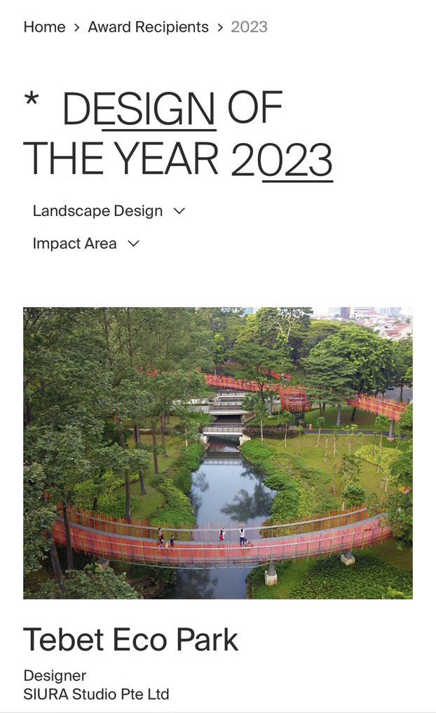 Tebet Eco Park memenangkan President’s Design Award Singapore 2023.

“Si Tukang Rumput” bisa datang untuk mengatakan: Tanamannya tak sesuai standar lalu yg minta di ganti jembatannya. 

Setelah itu bisa NARUH NAMA SECEPATNYA. (setelah direnovasi).

youtu.be/HZ_S650M_rY