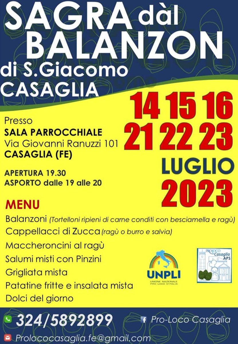 Due fine settimana con la sagra del balanzon presso la sala parrocchiale situata in via Ranuzzi 101. Appuntamento dal 14 lal 16 luglio e dal 21 al 23

Nel menù spiccano i balanzoni (tortelloni ripienidi carne conditi con besciamella e ragu'), #balanzon

natoconlavaligia.info/2023/07/12/sag…