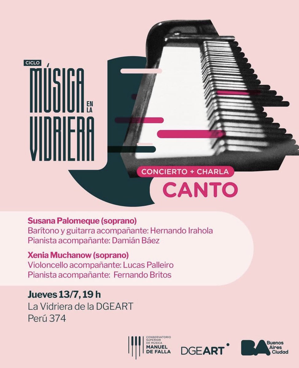 datacultura's tweet photo. Música en #LaVidriera: concierto de canto + charla 🎼🤩
Vení a disfrutar de un concierto dividido en dos partes: “Aires Bolivianos” a cargo de Susana Palomeque y “Periplo Musical” a cargo de Xenia Muchanow.
📆 Jue 13/7 - 19h
📍La Vidriera #DGEART - Perú 374
🎟️ Libre y gratuita https://t.co/fuVPk7zQPJ