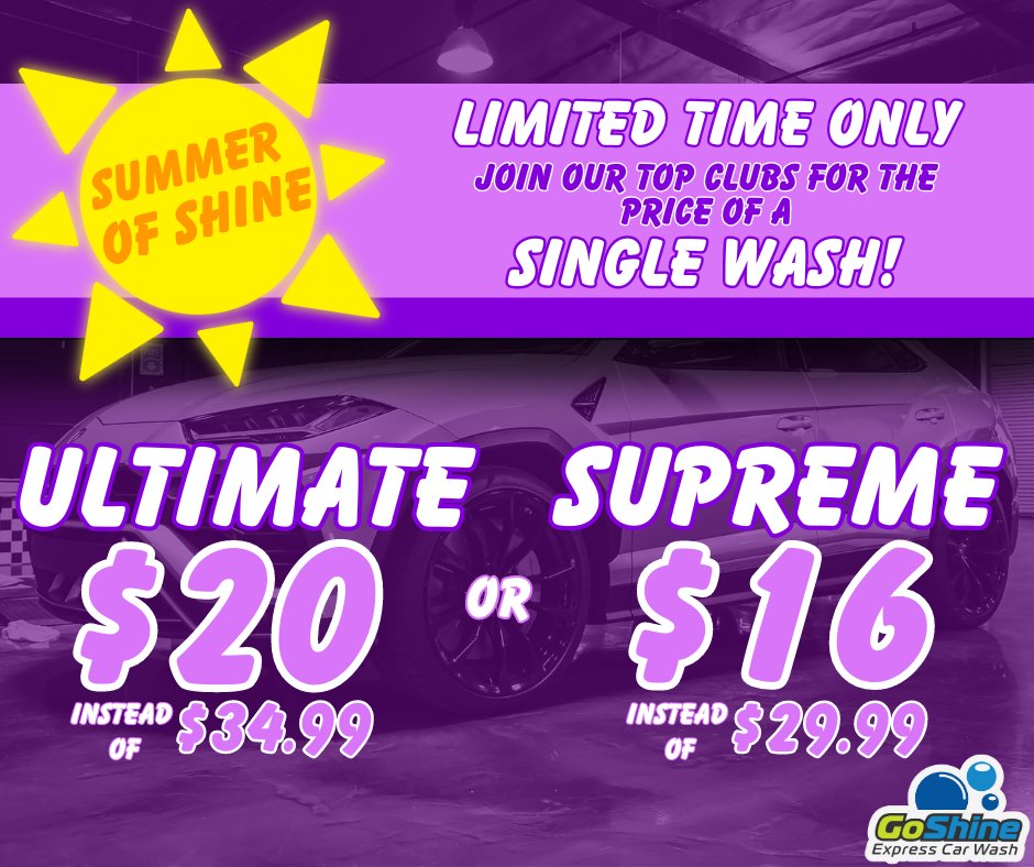goshinems's tweet photo. โ Our Summer of Shine Special is here! For a LIMITED TIME ONLY, you can join our top clubs for the price of a single wash! You can by the Ultimate Membership for $20, instead of $34.99, OR the Supreme Membership, for $16 instead of $29.99! Join today!
#GoShineExpress https://t.co/a5mWI71gcz