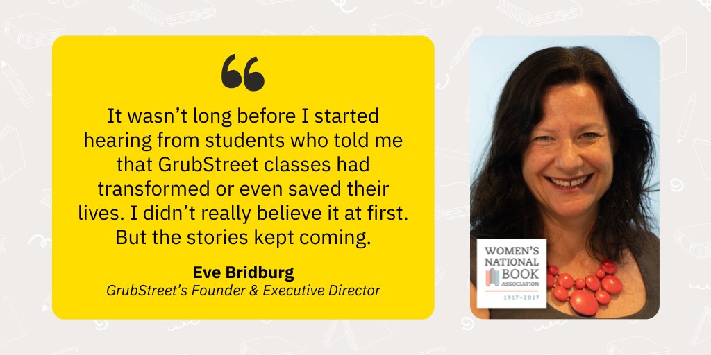 GrubStreet (@grubwriters) on Twitter photo GrubStreet’s Founder & Exec. Director, Eve Bridburg, was recently honored with the 2023 <a href="/WNBABoston/">WNBA Boston</a> Award. Read Bridburg’s remarks on the occasion of receiving the 2023 award here: bit.ly/3NNaAZ6 GrubStreet’s Founder & Exec. Director, Eve Bridburg, was recently honored with the 2023 <a href="/WNBABoston/">WNBA Boston</a> Award. Read Bridburg’s remarks on the occasion of receiving the 2023 award here: bit.ly/3NNaAZ6
