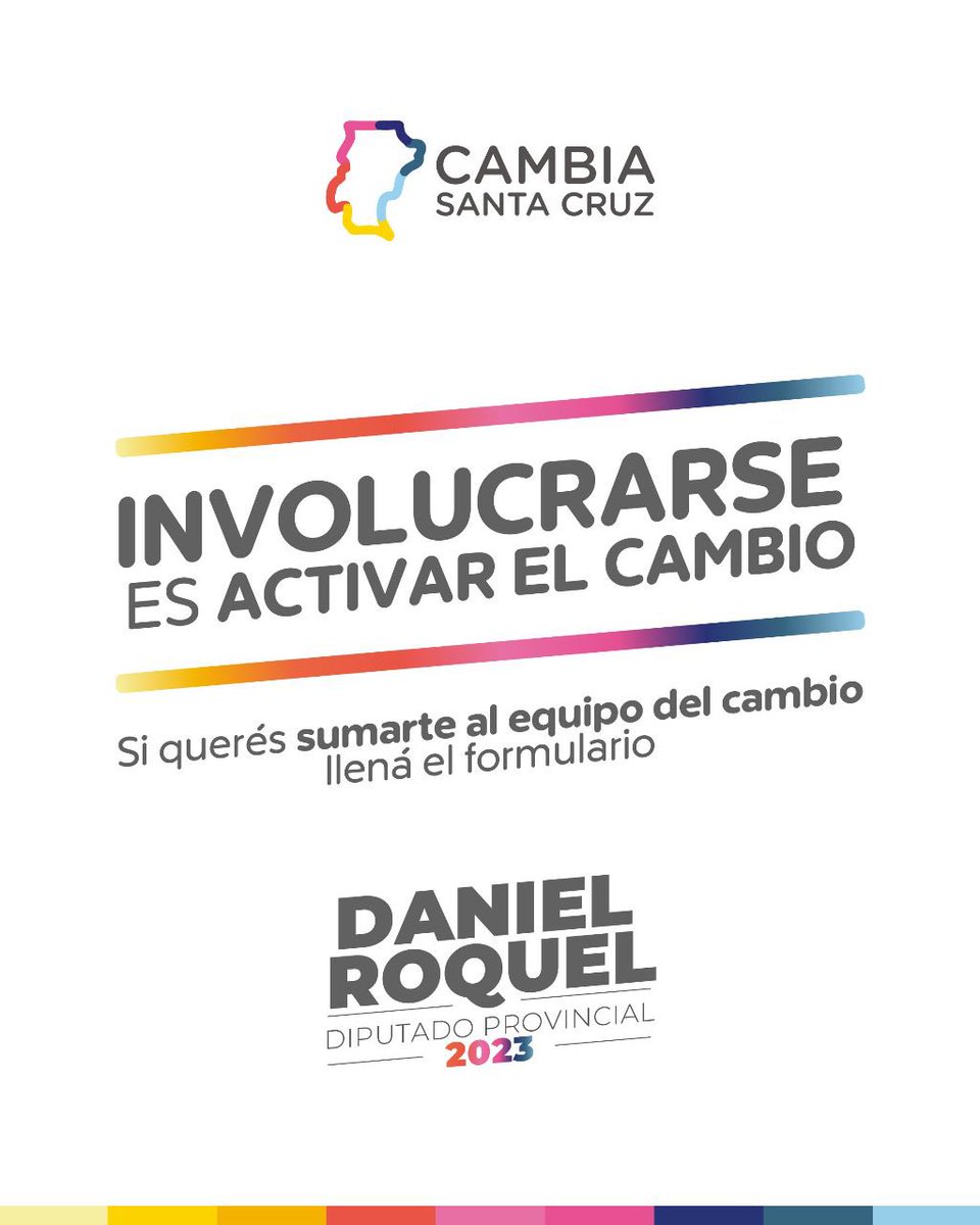 SUMATE AL CAMBIO EN SANTA CRUZ !!💪👏

INSCRIBITE EN EL FORMULARIO Y EMPEZA A PARTICIPAR DESDE TU LOCALIDAD PARA TRANSFORMAR LA PROVINCIA 👉 docs.google.com/forms/d/e/1FAI… 

#DaniRoquelDiputadoProvincial
#CambiaSantaCruz #JuntosPodemos
#LaVerdaderaOposicion