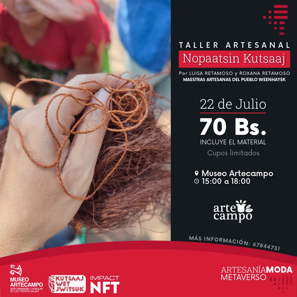 granchaconft's tweet photo. ¡Aprende a transformar la fibra natural "carahuata" en hilos junto a maestras artesanas del pueblo Weenhayek!
📅 22 de Julio
🕑 15:00 - 18:00
📍 Museo Artecampo
➡️ Inversión: 70 Bs.
¡Escanea el QR e inscríbete!
Más información: 67844731
#ArteyModaWeenhayek #JoinTheImpact https://t.co/uPZbOdSYEu