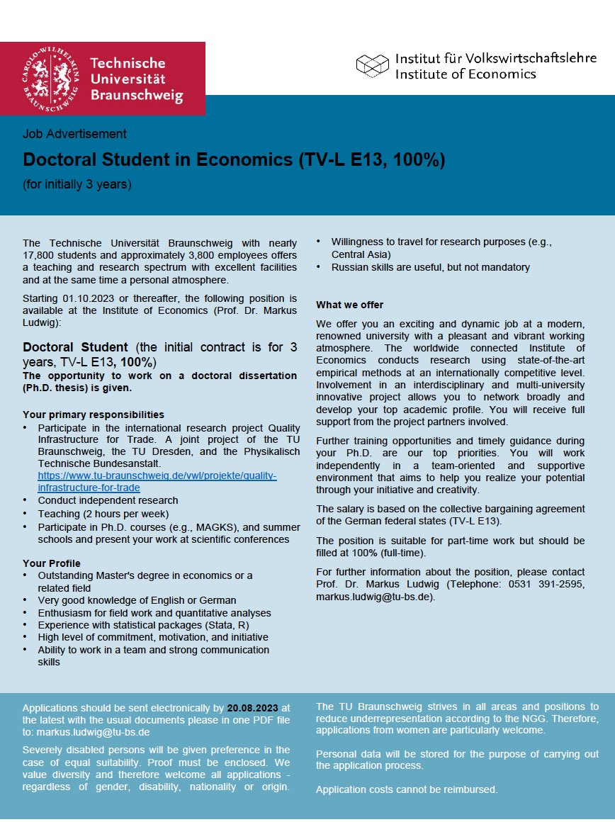 🚨Job alert: Markus Ludwig <a href="/tuBraunschweig/">TU Braunschweig</a> and me are looking for a PHD candidate (100%). It’s on a joint project with <a href="/ptb_q5/">PTB's International Cooperation</a>. Project information here:
tu-braunschweig.de/vwl/projekte/q…

Please RT