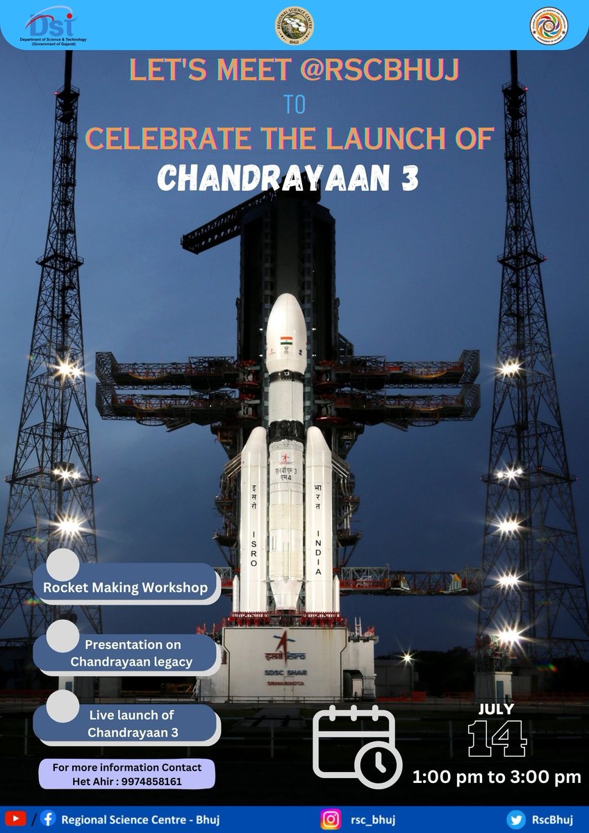 RscBhuj's tweet photo. Celebrating the #Legacy of #ISRO, join us for the launch of #Chandrayaan3 @RscBhuj.
Learn about making paper #Rockets and #information about instruments onboard #Chandrayaan 3.

Let's repeat #History with #success this time.
@asipoec @isro @IIABengaluru @ydnad0 @PRLAhmedabad https://t.co/1s98ebvAuj