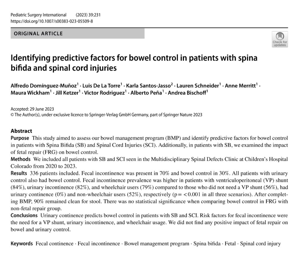 In patients with Spina Bifida and Spinal Cord injury, urinary control predicts bowel control. 
Although numbers were small for patients who underwent myelomeningocele fetal repair, it did not seem to positively impact bowel control. 

#SoMe4PedSurg 

Link: rdcu.be/dgCxV