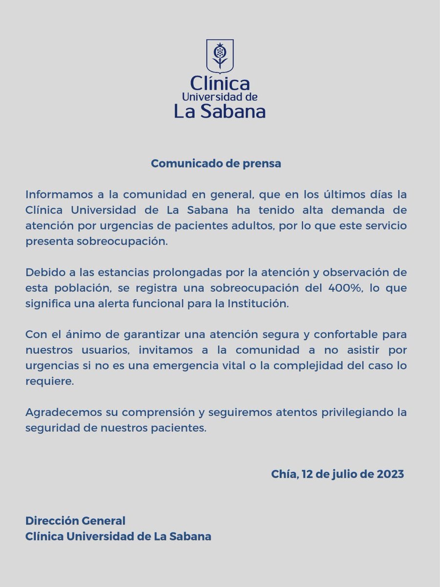 #Comunicado | Estamos comprometidos con el cuidado de nuestros pacientes, por eso hacemos un llamado a la comunidad para evitar asistir al servicio de urgencias, si el caso no es una emergencia vital o la complejidad de este lo requiere.
Clínica Universidad de La Sabana