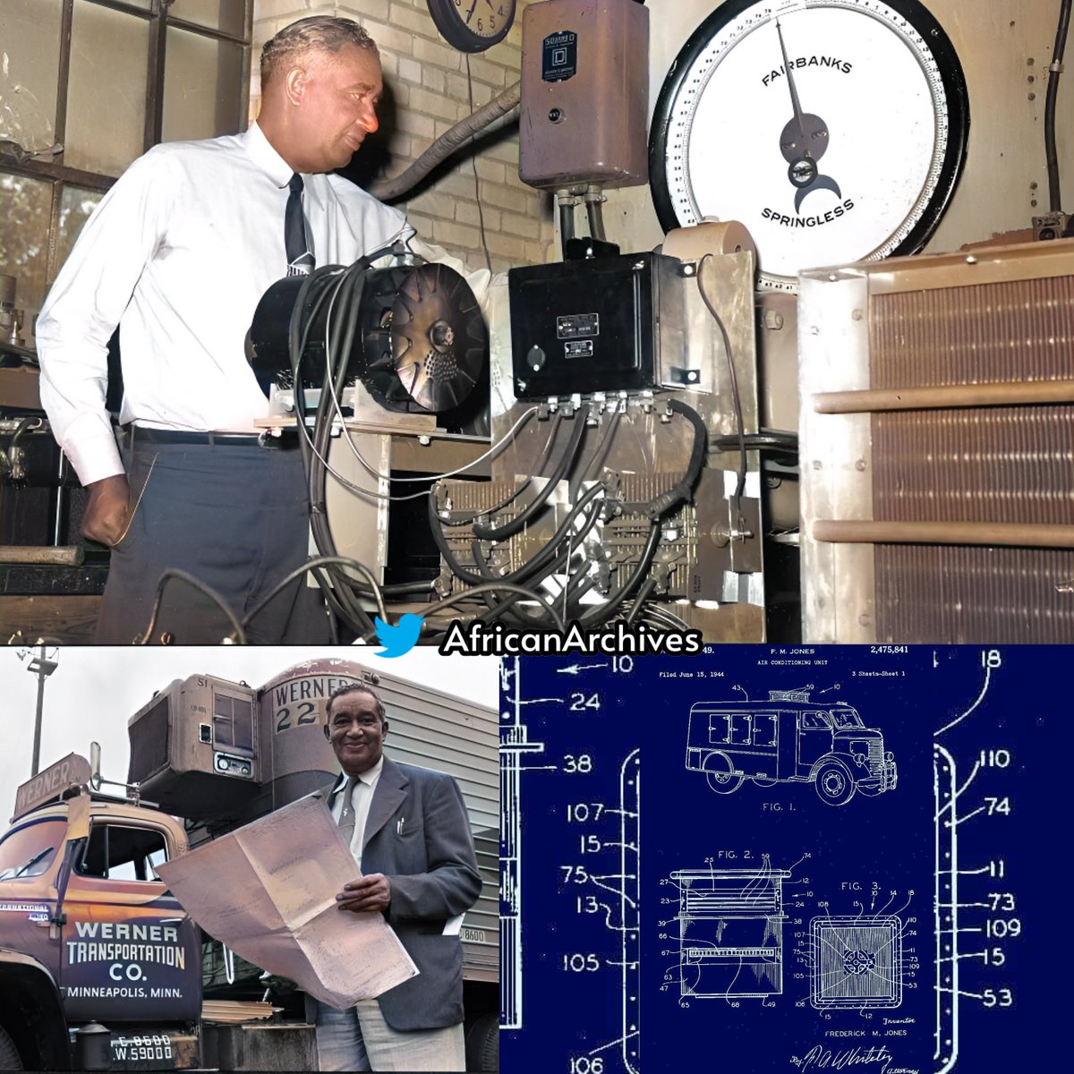 AfricanArchives's tweet photo. On this day in 1949, Fredrick McKinley Jones patented the portable Air Conditioning Unit.

His invention made transportation of perishable products possible that previously could only be distributed as canned items, giving rise to the frozen food industry. https://t.co/DnZTcNZqGV