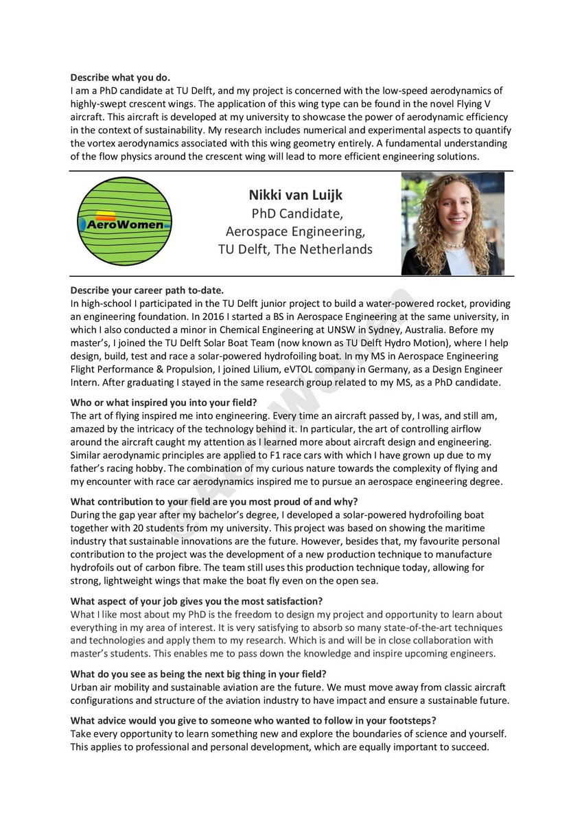 Meet Nikki van Luijk, PhD Candidate in Aerospace Engineering at <a href="/tudelft/">TU Delft</a>. Nikki is conducting #CFD &amp; experimental research on the vortex aerodynamics of highly swept crescent wings found in the novel Flying-V aircraft concept #WomenInSTEM #SustainableAviation
