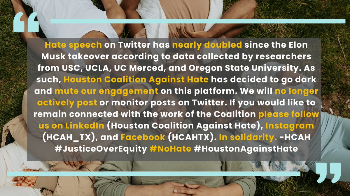 Houston Coalition Against Hate has decided to mute our engagement on this platform. Follow us on LinkedIn (Houston Coalition Against Hate), Instagram (HCAH_TX), and Facebook (Houston Coalition Against Hate) #JusticeOverEquity #NoHate #HoustonAgainstHate