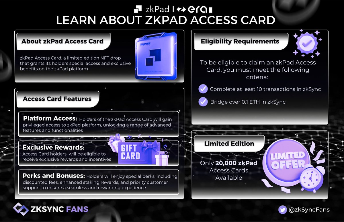 zkSyncFans's tweet photo. 🔥LEARN ABOUT ZKPAD ACCESS CARD🔥

✨zkPad Access Card, a limited edition NFT drop that grants its holders special access and exclusive benefits on the @zkPadAI platform such as:

✅Platform Access
✅Exclusive Rewards
✅Perks and

👉Mint NFT now:https://t.co/SBwBXGA64N

#zksync https://t.co/0RjzOD5R9y