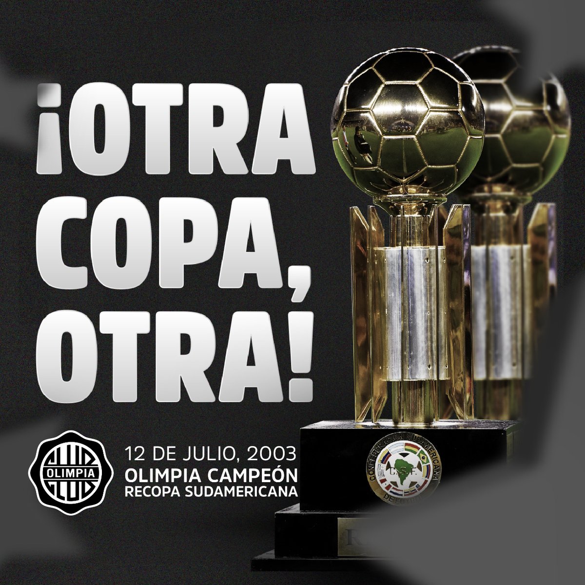 elClubOlimpia's tweet photo. Nuestra segunda Recopa Sudamericana, nuestro octavo título internacional.

Veinte años de un día que quedará para toda la vida.

¡Olimpia, siempre Olimpia! ⭐️ https://t.co/JMHPiq2Ju0