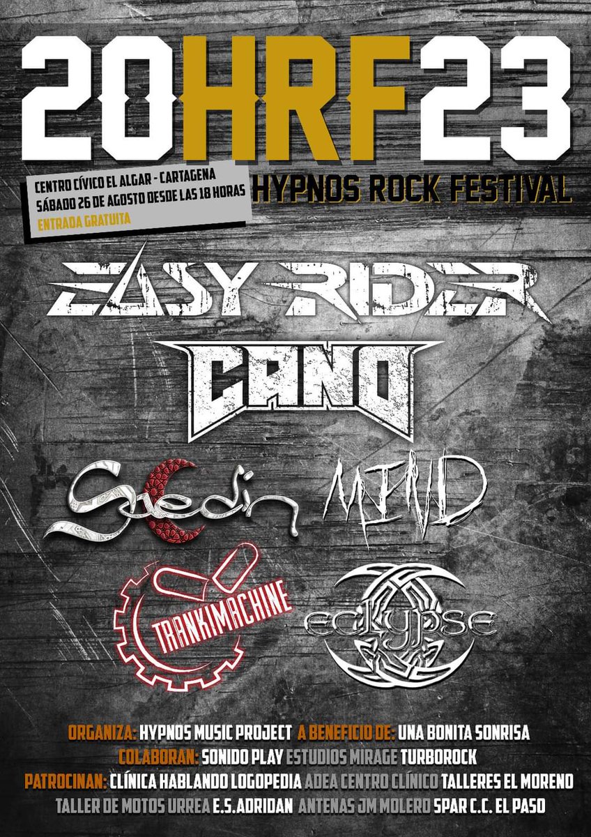 rockeando7's tweet photo. El próximo 26 de agosto tendrá lugar el Hypnos Rock en El Algar, Cartagena.

Las bandas confirmadas son @SAEDINrock @easyridermetal, Cano, Eclypse, Trankimachine y Mind https://t.co/PkEStFmSx8