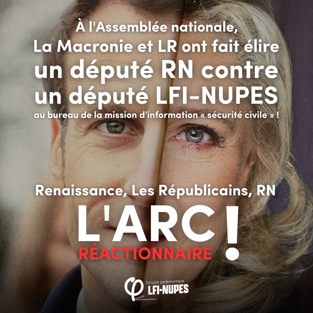 FiAssemblee's tweet photo. 🔴⚡️ Scandale !

Lors de l'élection du secrétaire de la mission d'information «sécurité civile», la Macronie et LR ont fait élire un député RN pour empêcher la victoire de notre député @FlorianChauche9 !

Ils prétendent être l'#ArcRépublicain, ils sont l'#ArcRéactionnaire ! https://t.co/VdkqRVuWVZ
