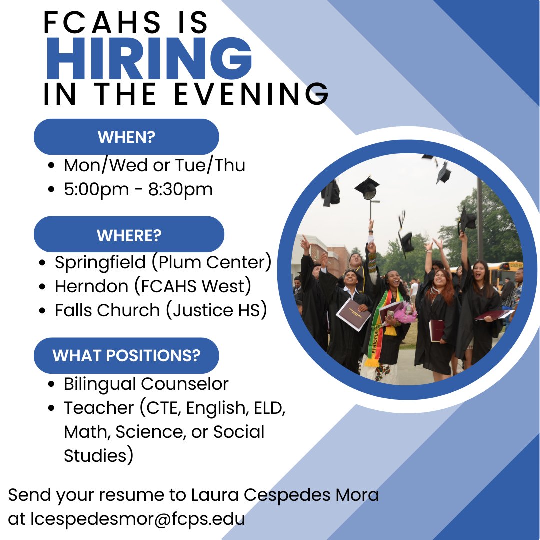 Jessica Klein (@therealmrsklein) on Twitter photo Want to impact more students' lives and earn a little extra income? Come work for <a href="/FairfaxAdultHS/">Fairfax County Adult HS</a> in the evenings! Email lcespedesmor@fcps.edu with your resume if you're interested. More info: bit.ly/3PTCZzj
<a href="/fcpsnews/">Fairfax Schools π</a> <a href="/NSP_FCPS/">FCPS Nontraditional School Programs</a> #EducationHasNoAgeLimit Want to impact more students' lives and earn a little extra income? Come work for <a href="/FairfaxAdultHS/">Fairfax County Adult HS</a> in the evenings! Email lcespedesmor@fcps.edu with your resume if you're interested. More info: bit.ly/3PTCZzj
<a href="/fcpsnews/">Fairfax Schools π</a> <a href="/NSP_FCPS/">FCPS Nontraditional School Programs</a> #EducationHasNoAgeLimit