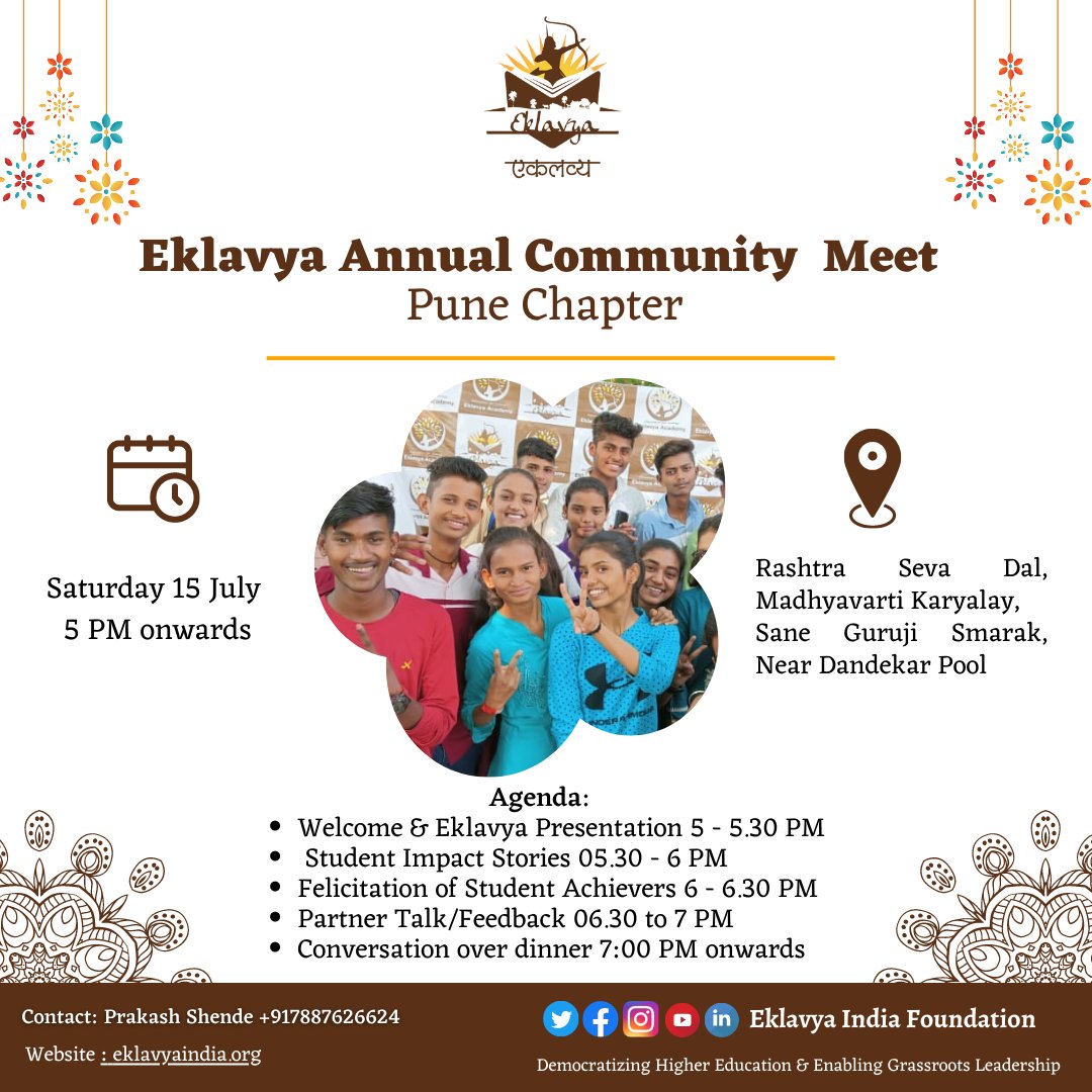 We are excited to announce our 'Eklavya Annual Community Meet' happening in Pune this weekend! This special event dedicated to celebrating the remarkable stories of our student achievers and fostering meaningful interactions with our valued partners, volunteers, &amp; well-wishers