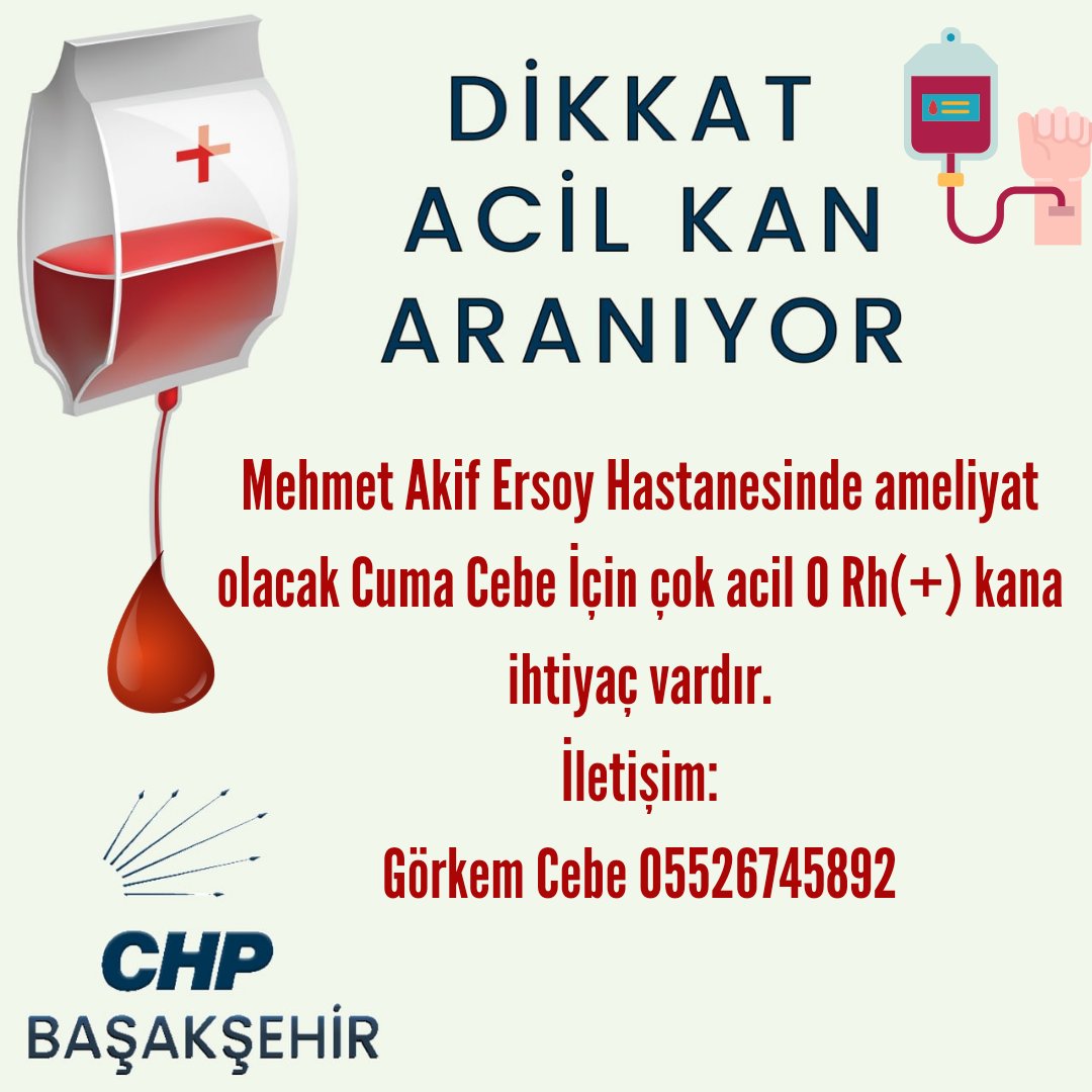 #acilkanaranıyor

Mehmet Akif Ersoy Hastanesinde ameliyat olacak Cuma Cebe İçin çok acil 0 Rh(+) kana ihtiyaç vardır. İletişim: Görkem Cebe 05526745892