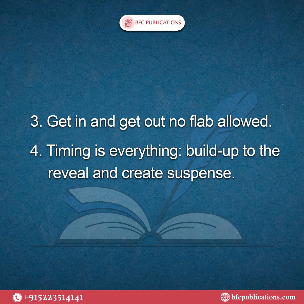 BfcPublications's tweet photo. Here are some tips for you to scale up the flashback in your novel and captivate your readers.
.
.
๐- +91-522-3514141
โ๏ธ- support@bfcpublications.com
๐- https://t.co/VnbHhtqAPD
.
.
#Flasbackstory #Storywriting #Writingnovel #Writingtips #Writer #Author #Selfpublished https://t.co/wjOusWAOjm