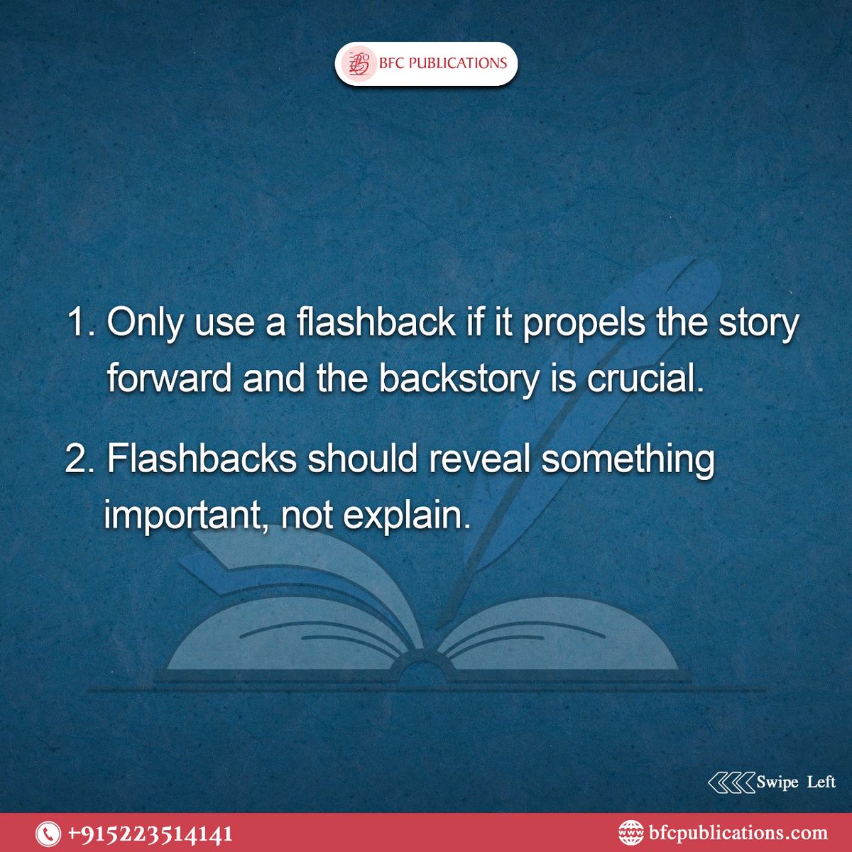 BfcPublications's tweet photo. Here are some tips for you to scale up the flashback in your novel and captivate your readers.
.
.
๐- +91-522-3514141
โ๏ธ- support@bfcpublications.com
๐- https://t.co/VnbHhtqAPD
.
.
#Flasbackstory #Storywriting #Writingnovel #Writingtips #Writer #Author #Selfpublished https://t.co/wjOusWAOjm