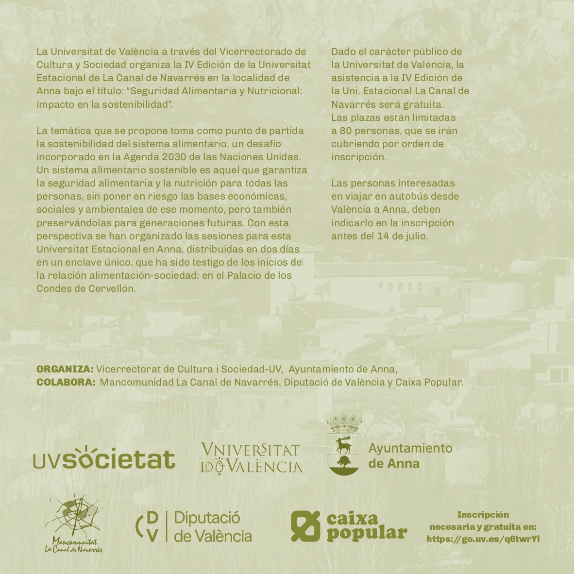 🟢Anna acogerá la próxima Universidad Estacional 𝗦𝗲𝗴𝘂𝗿𝗶𝗱𝗮𝗱 𝗮𝗹𝗶𝗺𝗲𝗻𝘁𝗮𝗿𝗶𝗮 𝘆 𝗻𝘂𝘁𝗿𝗶𝗰𝗶𝗼𝗻𝗮𝗹: 𝗶𝗺𝗽𝗮𝗰𝘁𝗼 𝗲𝗻 𝗹𝗮 𝘀𝗼𝘀𝘁𝗲𝗻𝗶𝗯𝗶𝗹𝗶𝗱𝗮𝗱

📍Palacio de los Condes de Cervellón, Anna
📆19-20/07
ℹgo.uv.es/q6twrYl